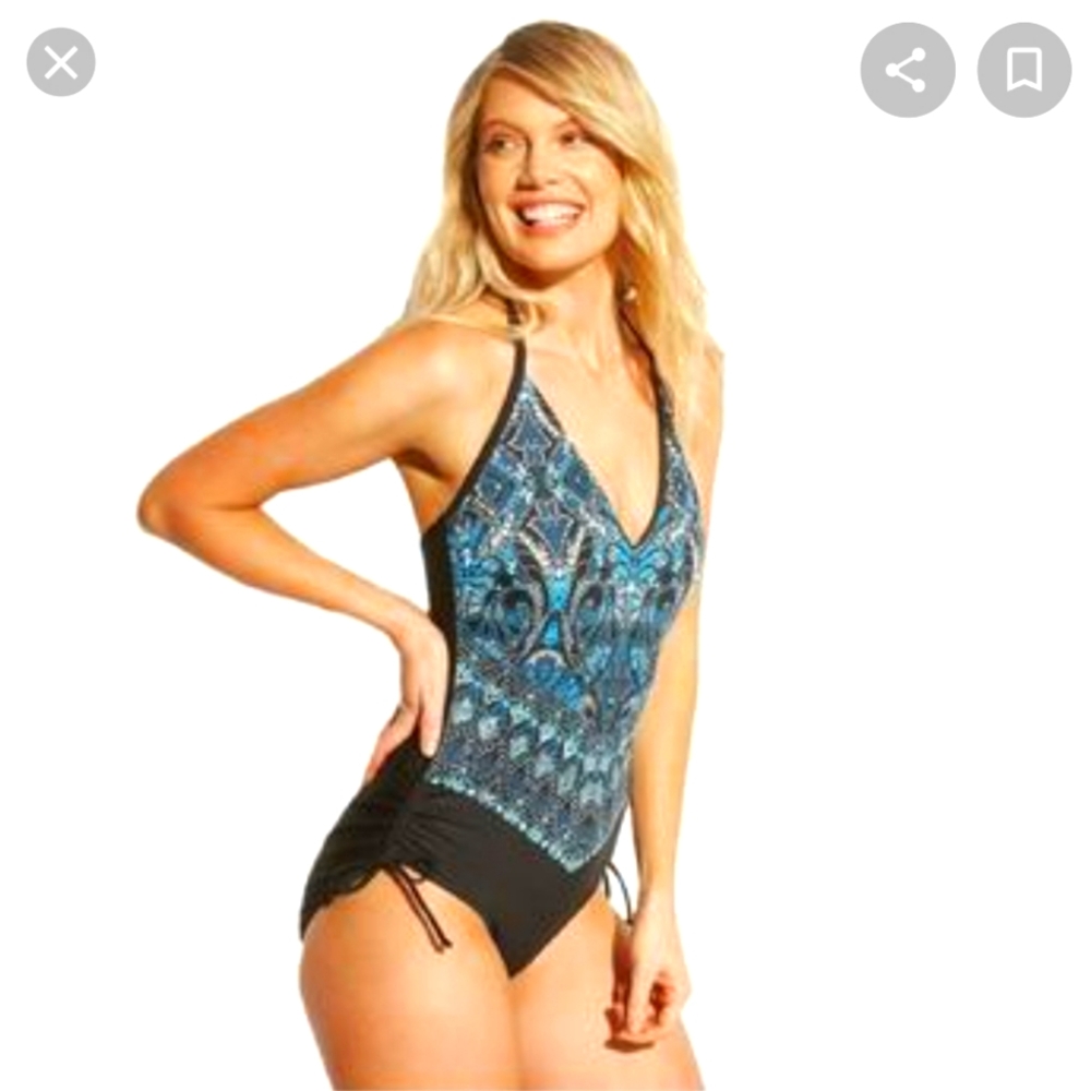 Aqua green Beautiful Turquoise design one piece swimsuit size Large